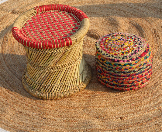 Red & Beige Bamboo Mudda Stool