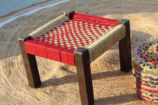 Wooden Chowki With Weaving Red and Beige Chess Borad