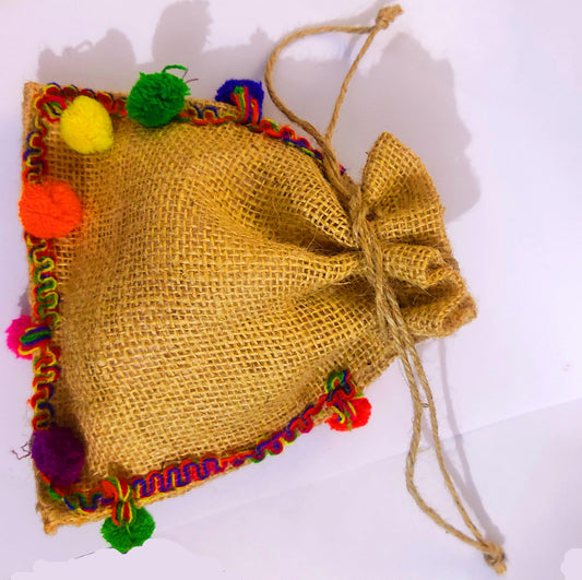 Pom Pom Jute Potli Bag