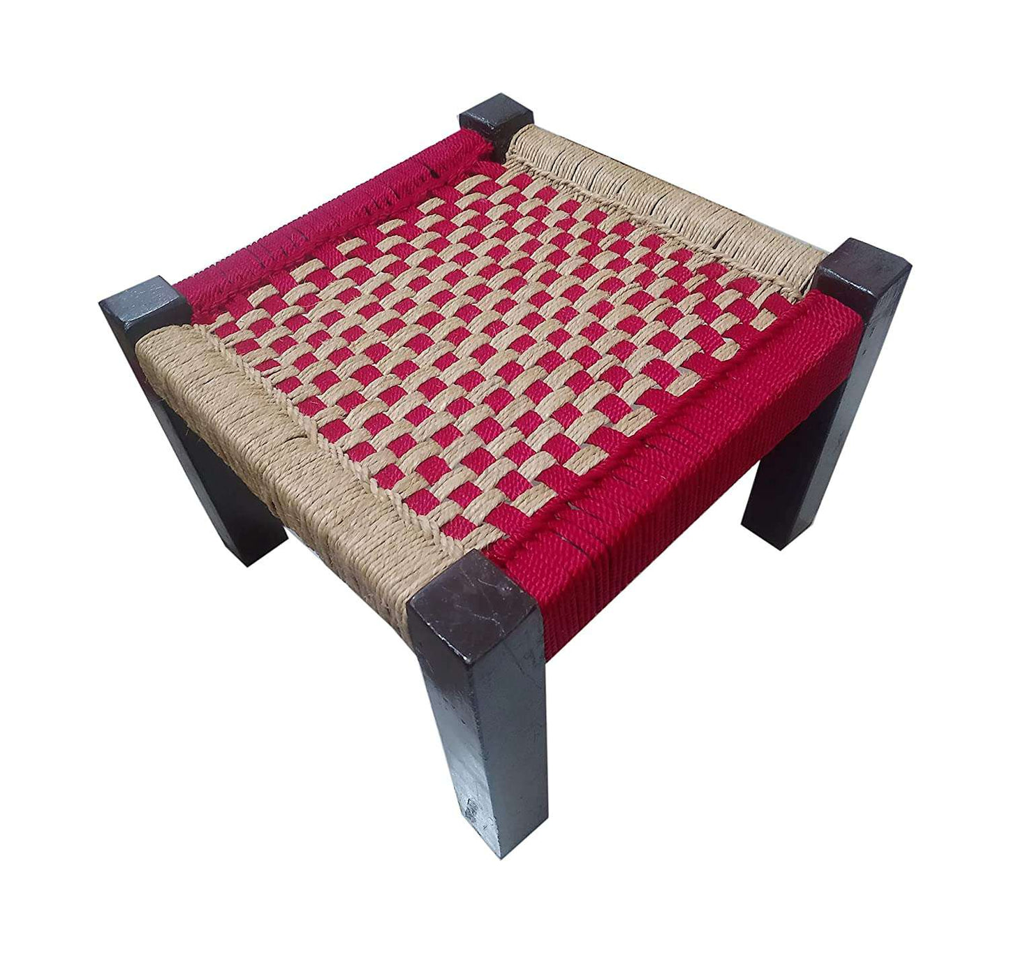 Wooden Chowki With Weaving Red and Beige Chess Borad