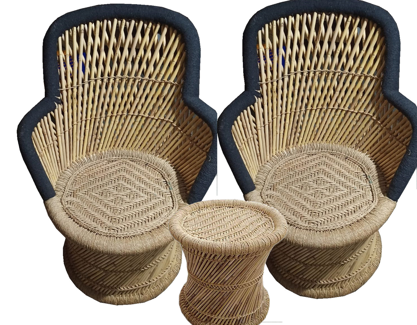 Bamboo Mudda Weaving Chair With Beige & Black Wave Design (2 chair + stool)