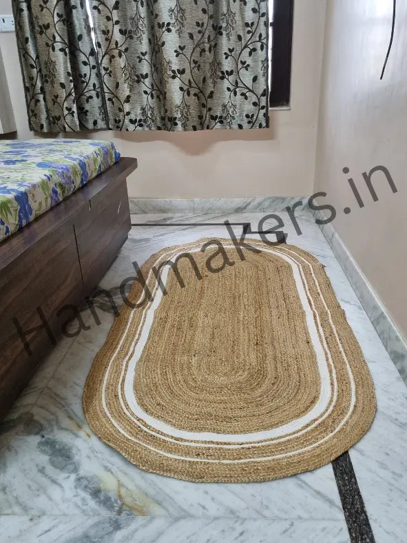 Natural Golden Jute Beige With White Oval Shape Runner - 3 X 5 FT