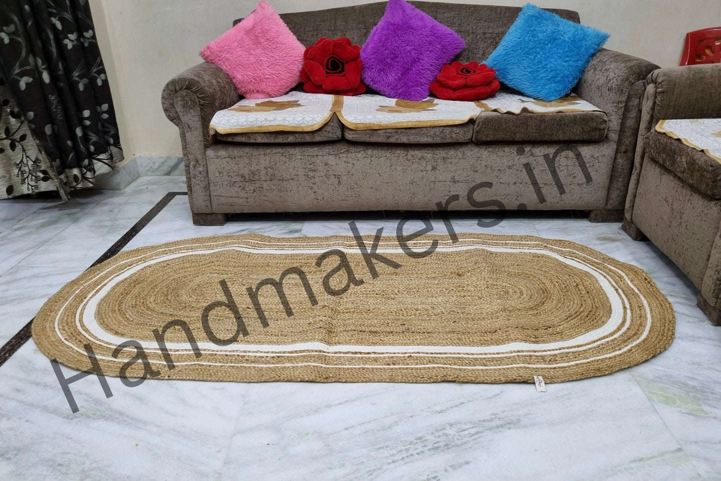 Natural Golden Jute Beige With White Oval Shape Runner - 3 X 5 FT