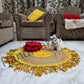 Round jute indoor area rug with contrasting beige and yellow stripes