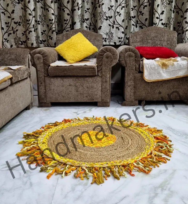 Natural Jute Indoor Area Rug With Beige & Yellow Strips - 90 CM