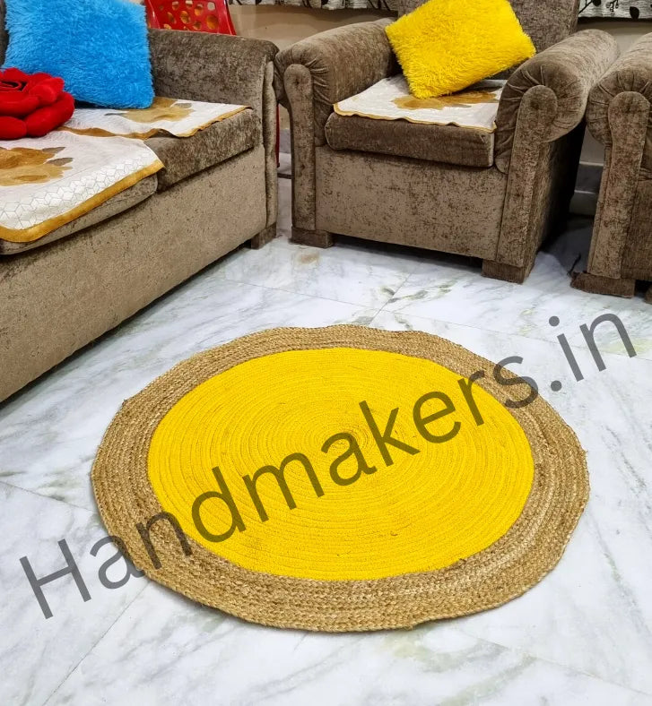 Natural Jute Rugs With Yellow and Beige Strips - 90 CM