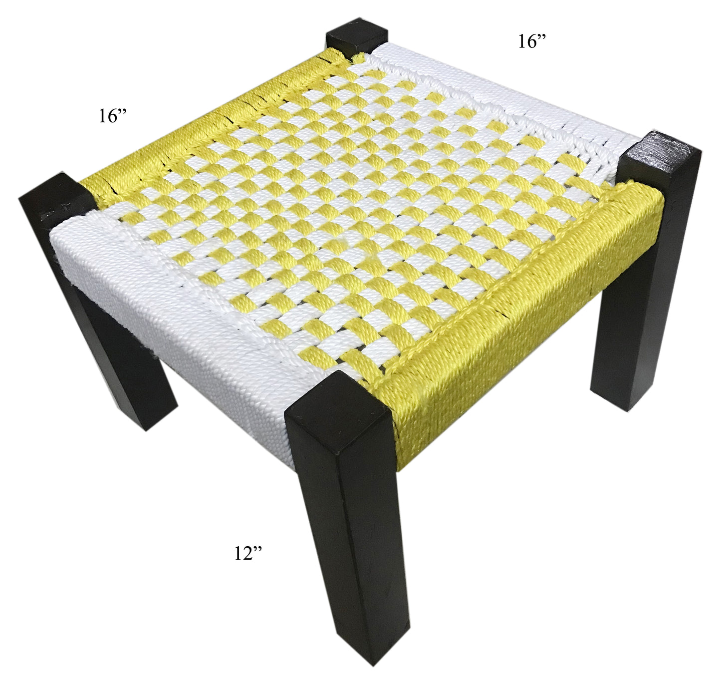 Handmakers ! Wooden stool with yellow and white weaving for living room furniture