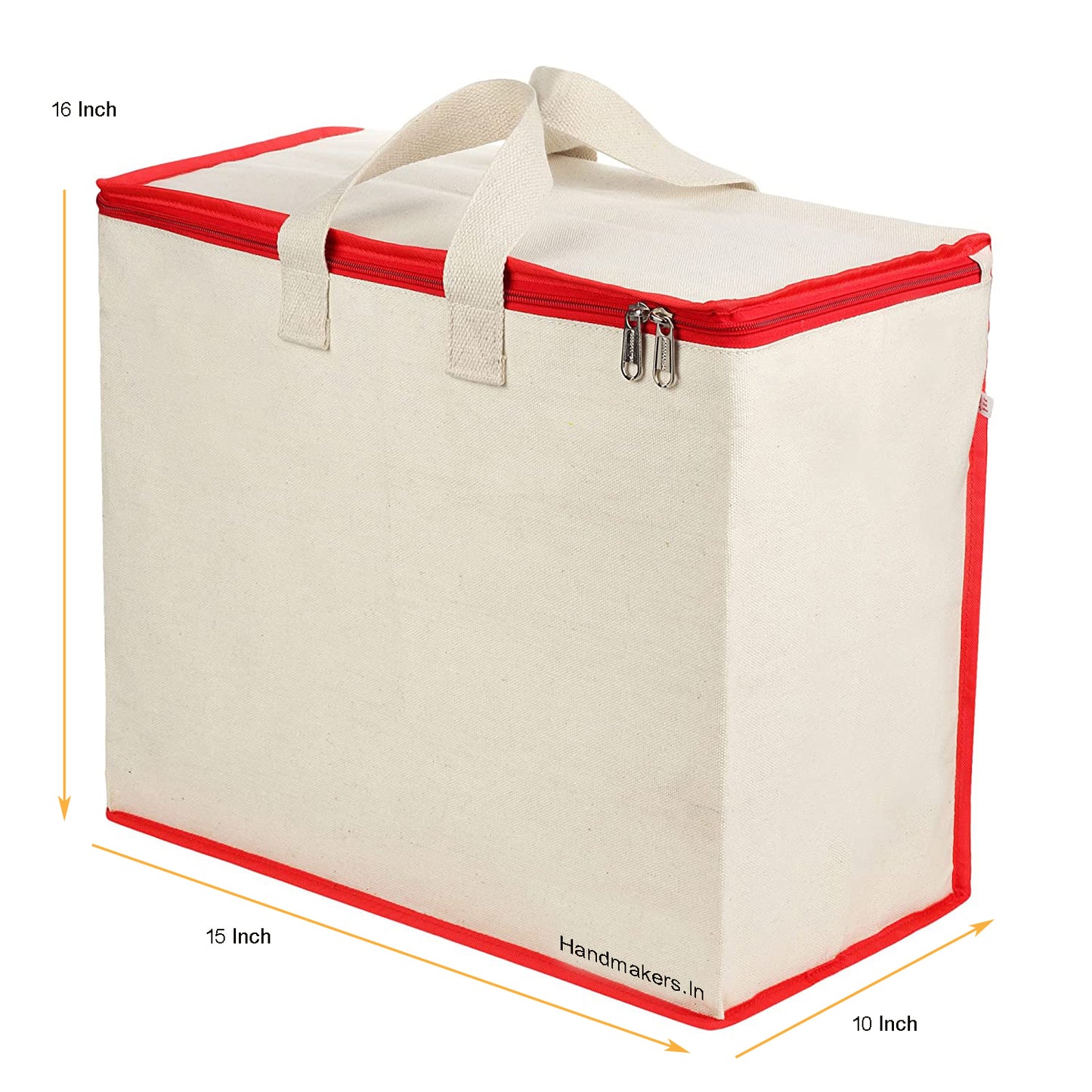 Handmakers Canvas Zip Storage Bags – Set of 2 | Multipurpose Cotton Organizer for Clothes, Grocery & Vegetable Shopping (Red Border)