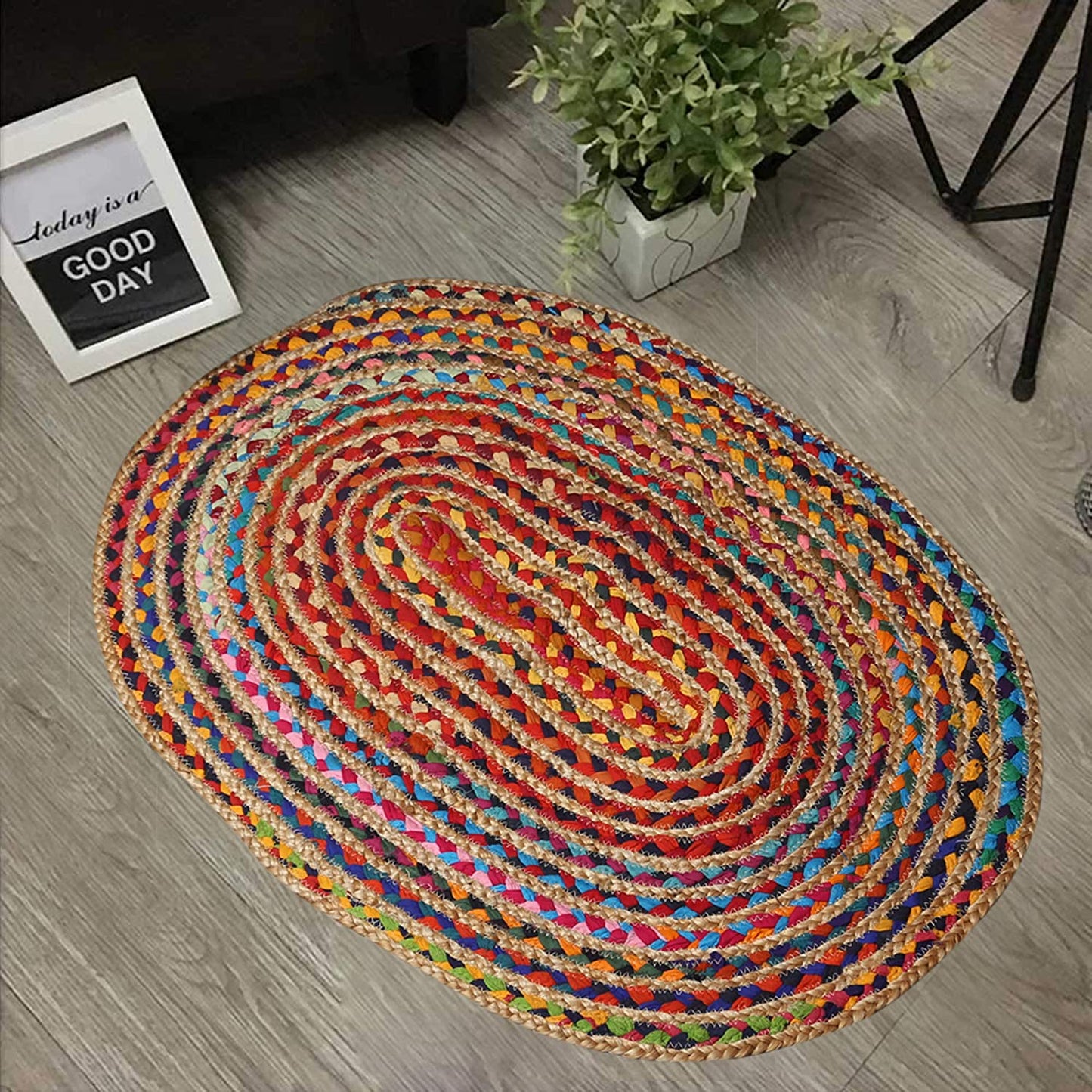 Jute and cotton multicolor oval shape carpet