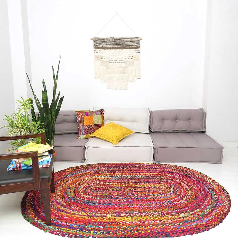 Jute and cotton multicolor oval shape carpet