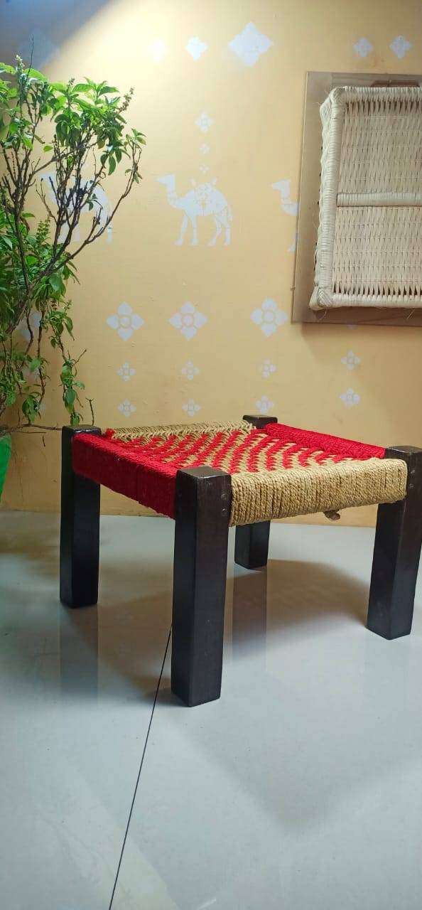 Wooden Chowki With Weaving Red and Beige Chess Borad