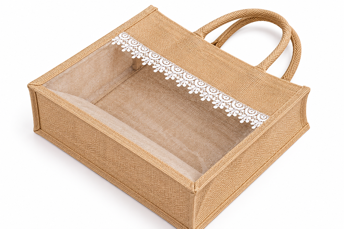 Natural Jute Gift Bag with Transparent Window & White Lace | Eco-Friendly Wedding Return Gift & Hamper Bag