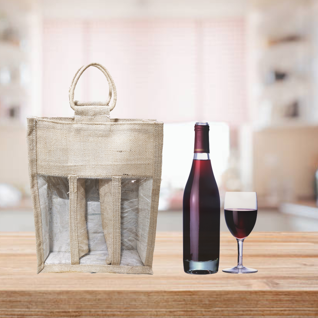 Sustainable Natural Jute Wine Bottle Bag for Cocktail Party for 3 Bottle