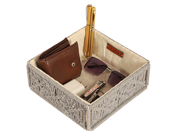 Handmakers Macramé Hamper Gift Basket – Grey | Handmade Cotton Rope Rectangular Tray Basket with Side Handles (10 x 14.5 x 4.3 Inch) | Storage Organizer for Shelf, Fruits, Gifting & Home Décor