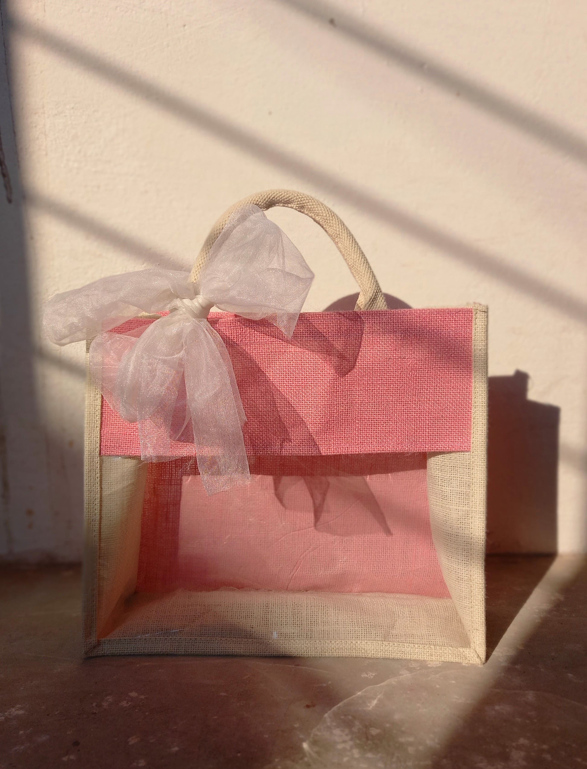 Pink White Wedding Gift Bag  Jute Casual Return Bags for Room Hampers Basket with Front Transparent Window - Bulk Pack of 10

