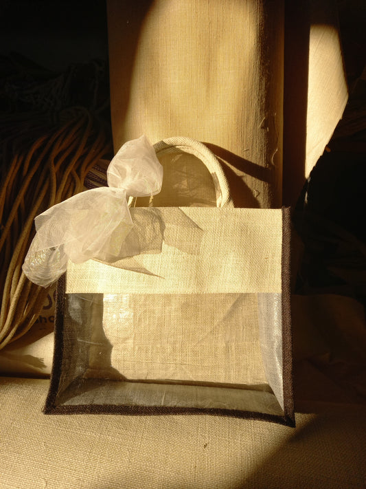 Decorative Jute Gift Bag with Clear Window Panel, White Flower 