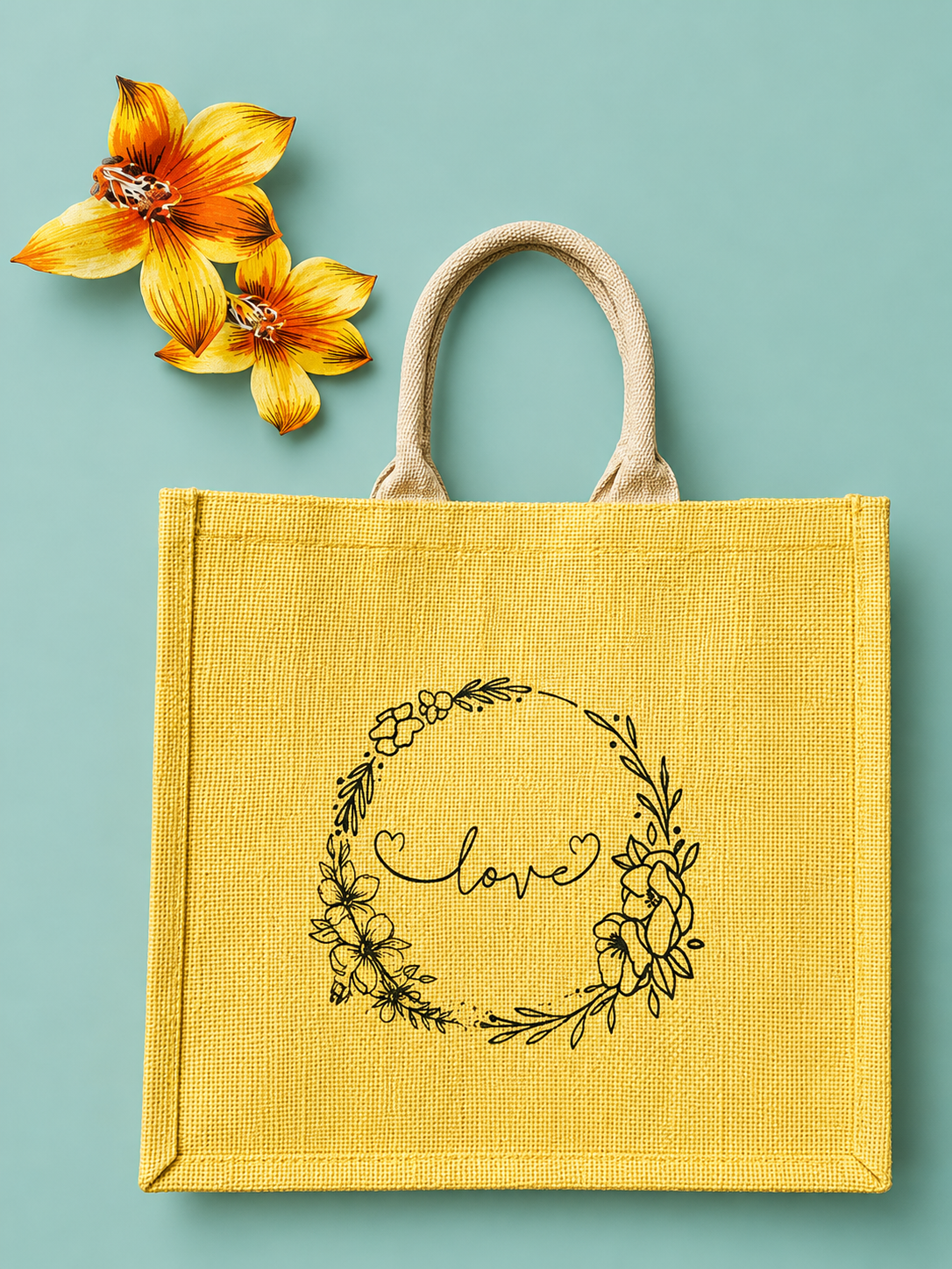 Handmakers Pack of 10 Multicolored Transparent Jute Bag with Love Printed ,Large Size Jute Gift bag for return gift 13x12x6 inch