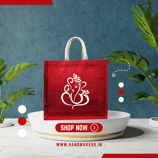 Handmakers Red Jute Bag with White Ganesh Best for Return Gift Bags