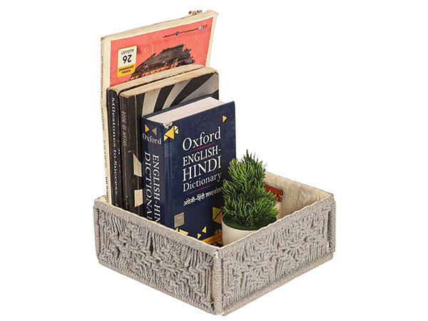 Handmakers Macramé Hamper Gift Basket – Grey | Handmade Cotton Rope Rectangular Tray Basket with Side Handles (10 x 14.5 x 4.3 Inch) | Storage Organizer for Shelf, Fruits, Gifting & Home Décor