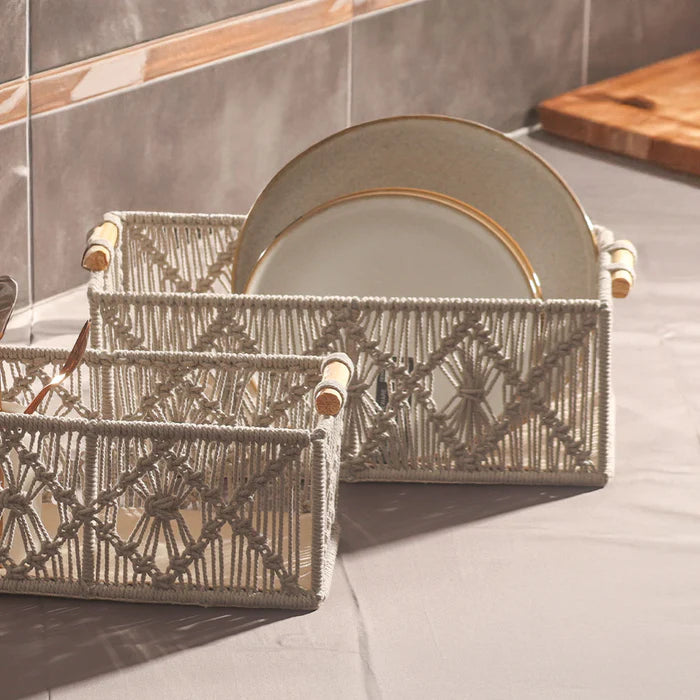 Handmakers Macramé Rectangular Storage Boxes with Handles – Set of 2 Grey | Handmade Cotton Rope Organizer Baskets for Shelves, Bedroom, Living Room, Nursery & Home Décor