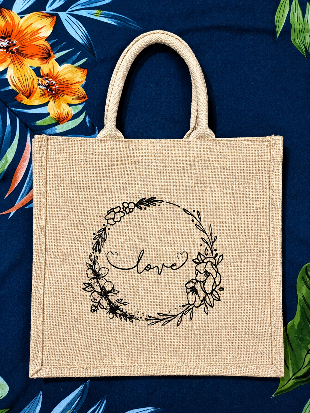 Handmakers Pack of 10 Multicolored Transparent Jute Bag with Love Printed ,Large Size Jute Gift bag for return gift 13x12x6 inch