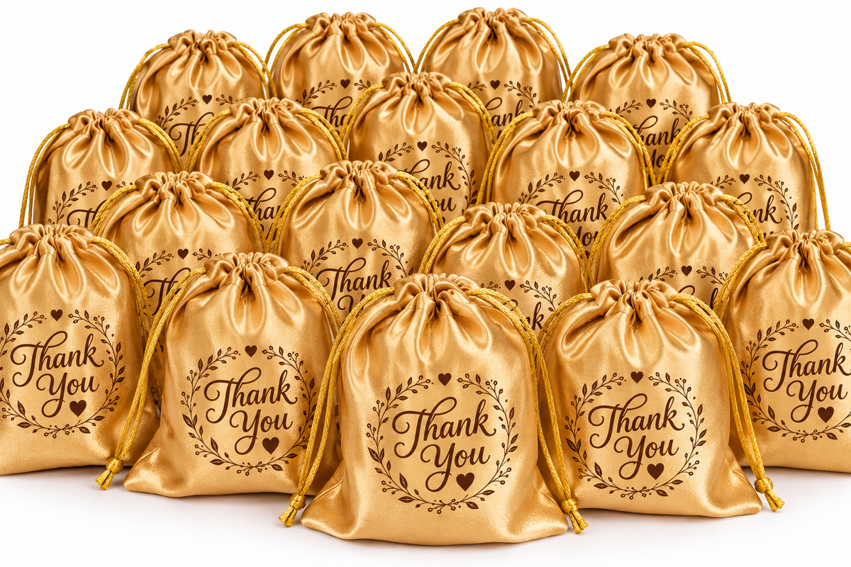 Handmakers Golden Satin Potli Bag | Luxury Drawstring Gift Pouch for Wedding & Festive Gifting Pack of 15