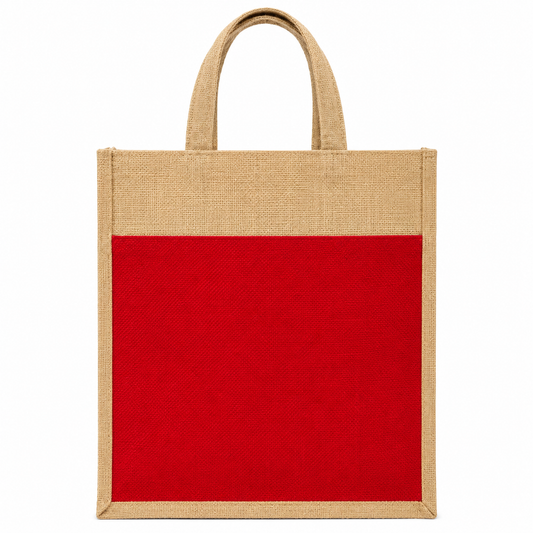 Handmakers Red & Natural Jute Shopping Bag | Eco-Friendly Reusable Jute Tote Bag with Handles | Stylish Gift, Shopping & Return Gift Bag