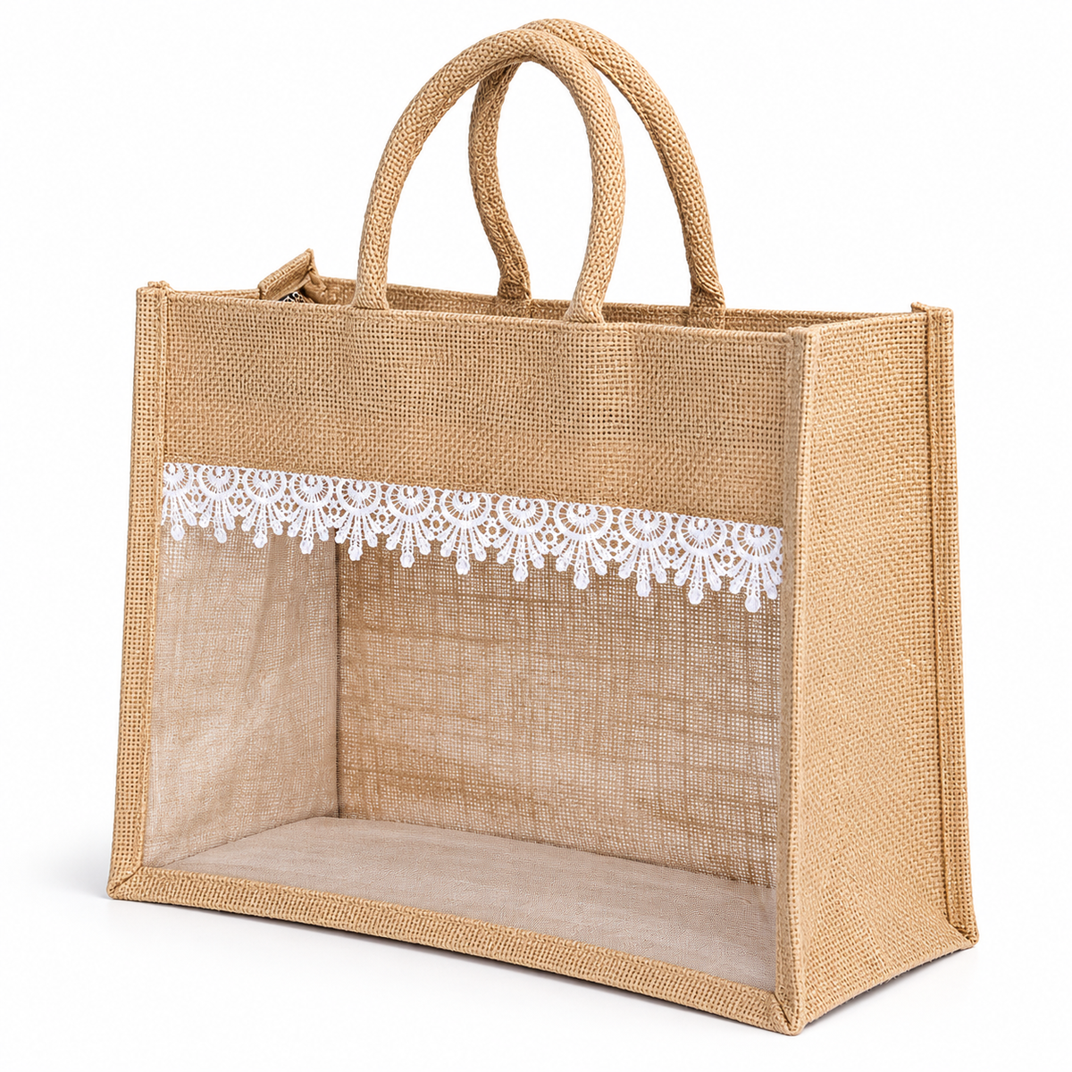 Natural Jute Gift Bag with Transparent Window & White Lace | Eco-Friendly Wedding Return Gift & Hamper Bag