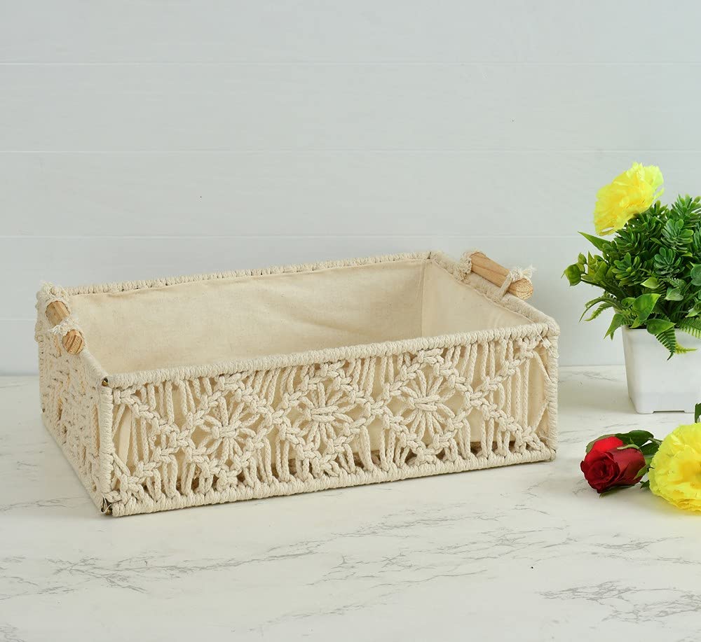 Handmakers Macramé Cotton Tray Basket with Side Handles – Rectangular Off-White Storage & Gift Hamper Basket (10 x 14.5 x 4.3 Inch) | Handmade Organizer for Shelf, Fruits, Gifting & Home Décor