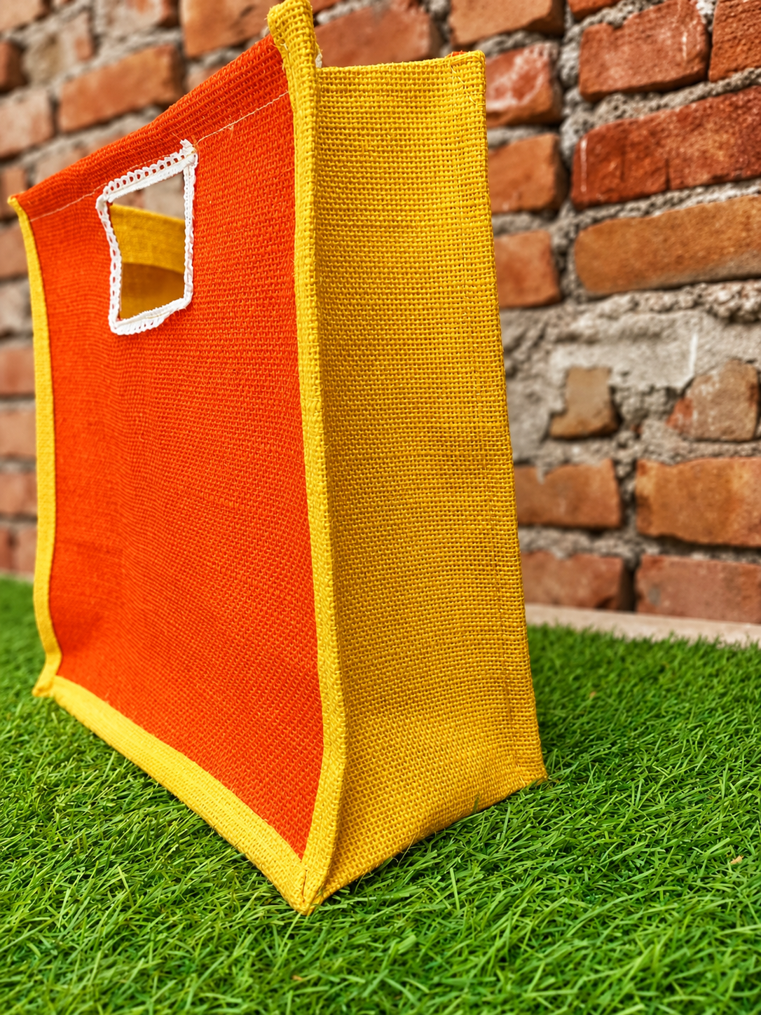 Handmakers Orange & Yellow Jute Return Gift Bag | Eco-Friendly Grocery, Vegetable, Storage Tote with Handle for Gifting, Shopping & Daily Use