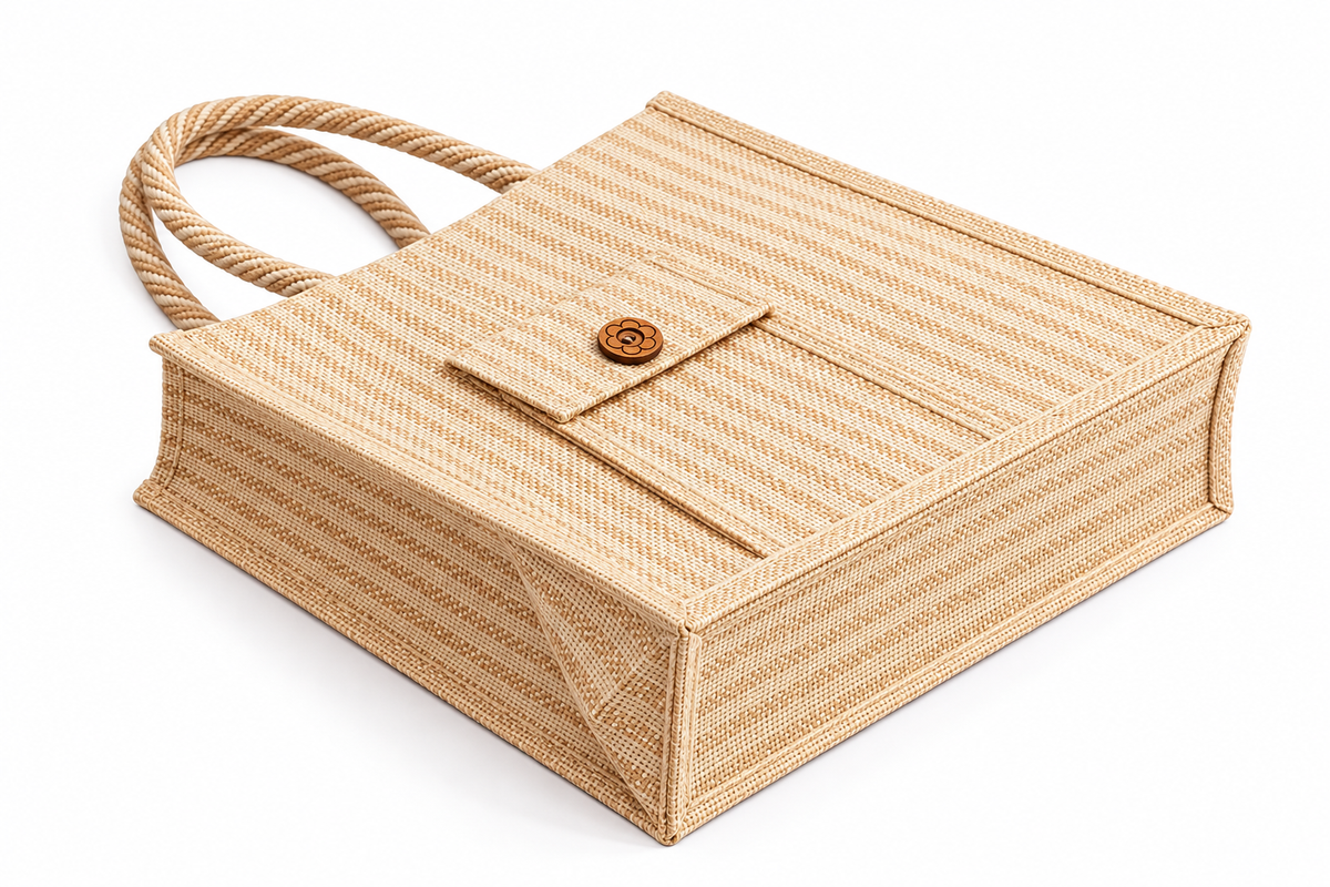 Natural Jute Tote Bag with Front Pocket & Wooden Button | Eco-Friendly Reusable Shopping & Gift Bag