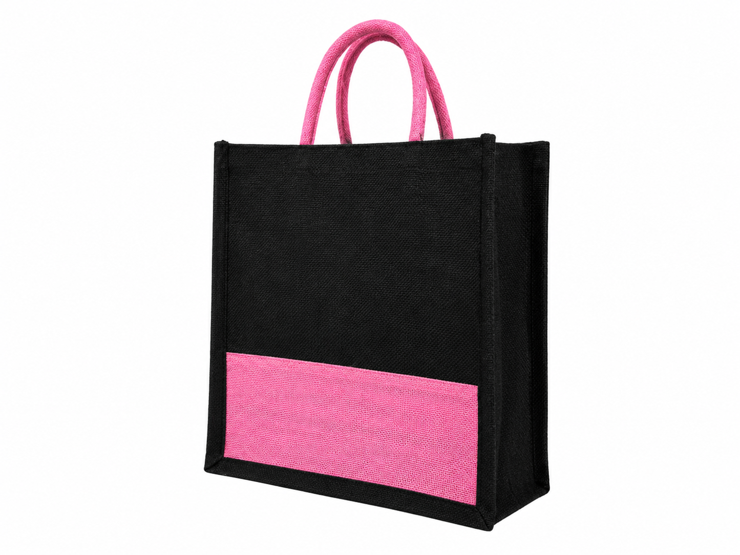 Handmakers Black & Pink Jute Tote Bag 12x12x5 Inch | Stylish Eco-Friendly Shopping, Gift & Wedding Bag