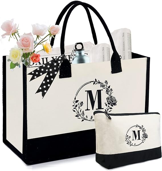 Personalized Initial Canvas Tote Bag with Makeup Pouch – Custom Gift for Women, Bridesmaids, Teachers Birthdays