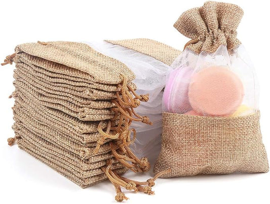 12 Pack Burlap Drawstring Gift Bags with Organza Window - Perfect for Wedding, Baby Shower, and Party Favors (5x7 Inches)