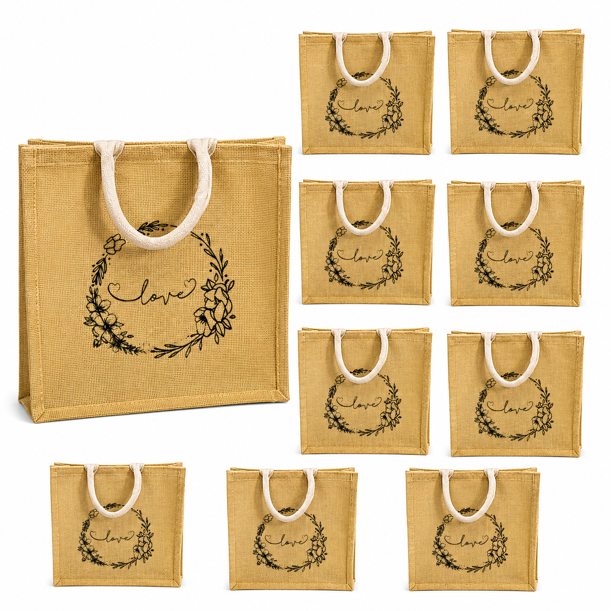 Handmakers Pack of 10 Multicolored Transparent Jute Bag with Love Printed ,Large Size Jute Gift bag for return gift 13x12x6 inch