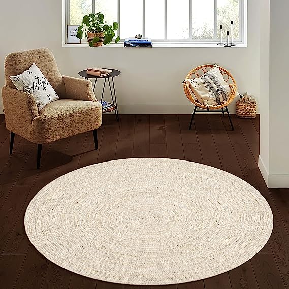 Hand Woven Jute Braided Rug, 4' Round - Off White, Reversible Area Rugs for  Living Room, Kitchen - 4 Feet Round