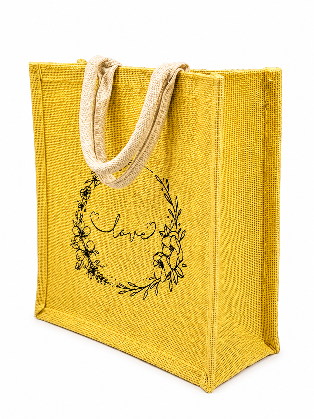 Handmakers Pack of 10 Multicolored Transparent Jute Bag with Love Printed ,Large Size Jute Gift bag for return gift 13x12x6 inch