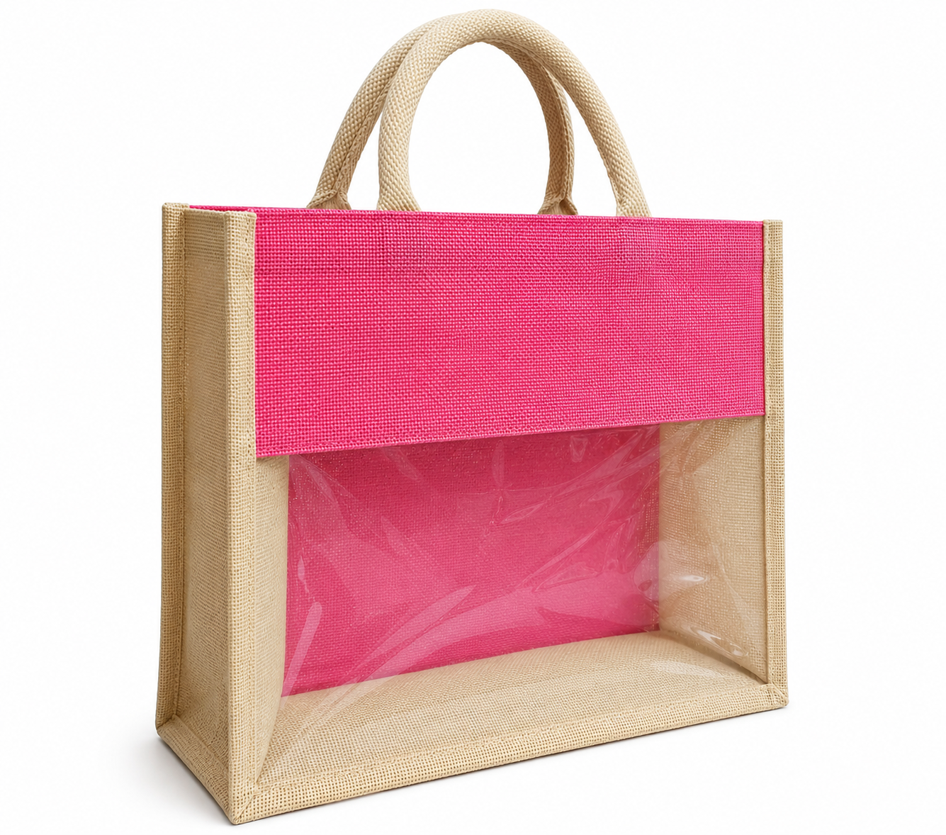 Handmakers Customize Transparent Jute Bags Pink & White 14x12x5 Inch