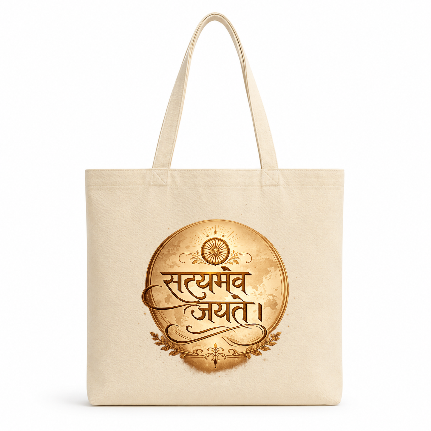Cream-colored cotton tote bag featuring elegant Sanskrit calligraphy of "सत्यमेव जयते" with golden decorative artwork inspired by Indian heritage and cultural values. 