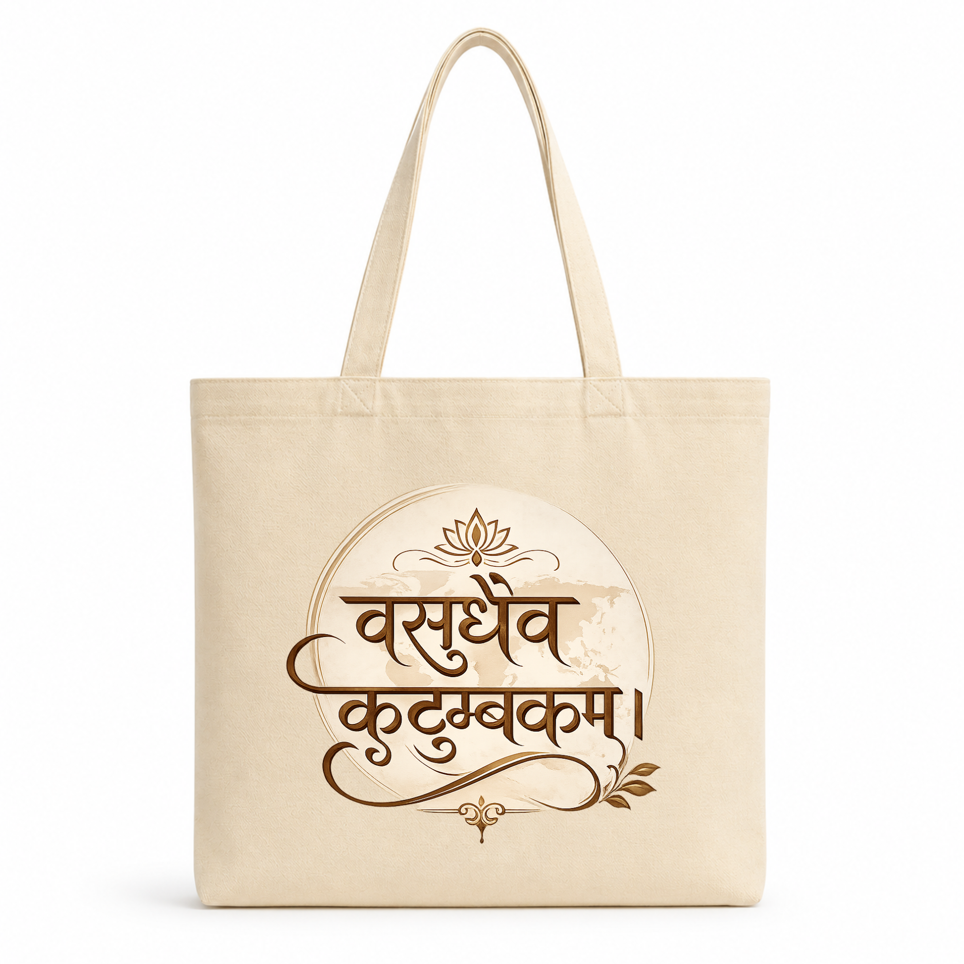 Cream cotton tote bag featuring elegant Sanskrit calligraphy of "वसुधैव कुटुम्बकम्" with floral decorative artwork and minimalist spiritual design.