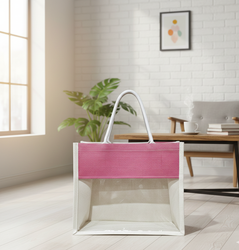 Handmakers Jute Transparent Gift Bag Pink and White, Set of 10, Return Jute Bags 12 * 10 * 5 inch