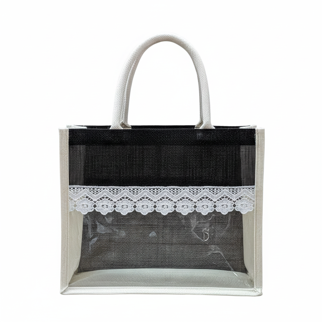 Handmakers Transparent Jute Gift Bag with Lace Trim, Natural and Black, set of 50, 12 * 10 * 5 inch