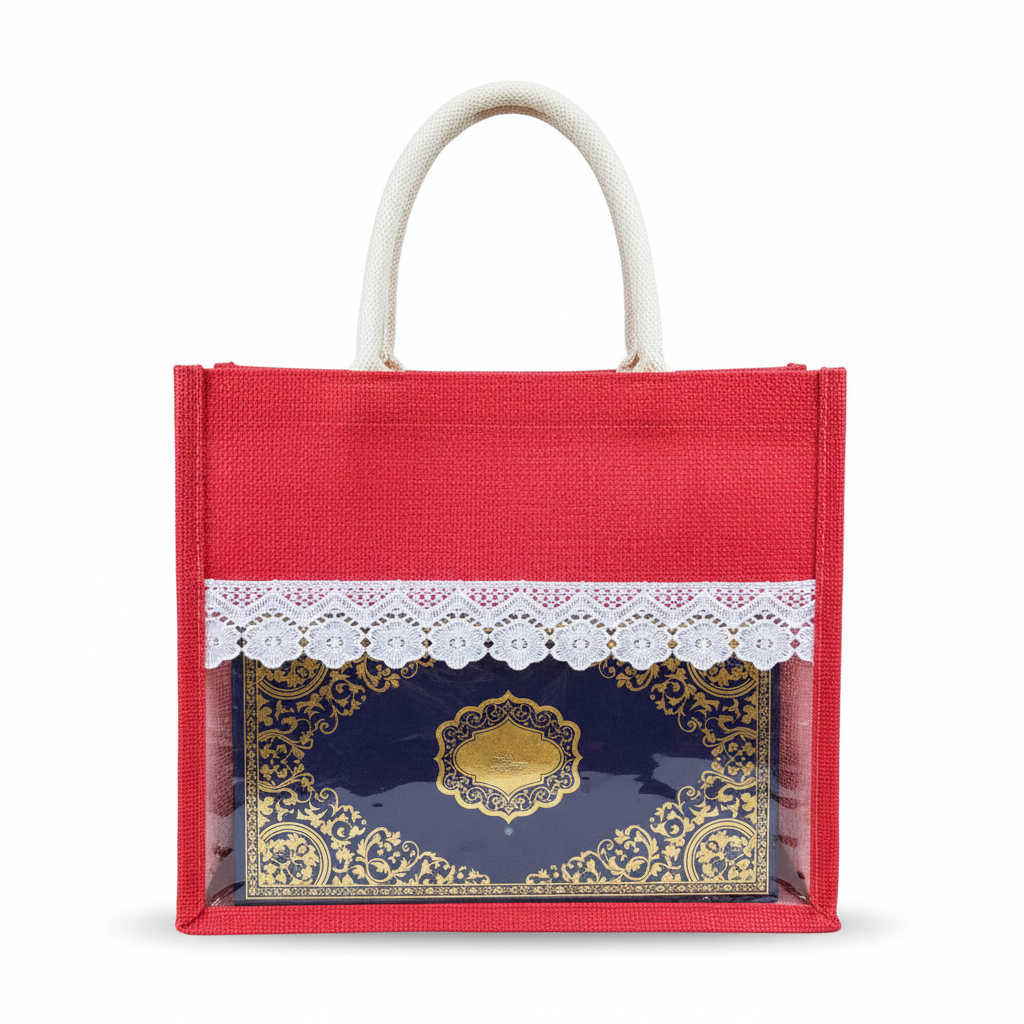 Handmakers Red Transparent Jute Bag with White Less 12x10x5 Inch Pack of 50