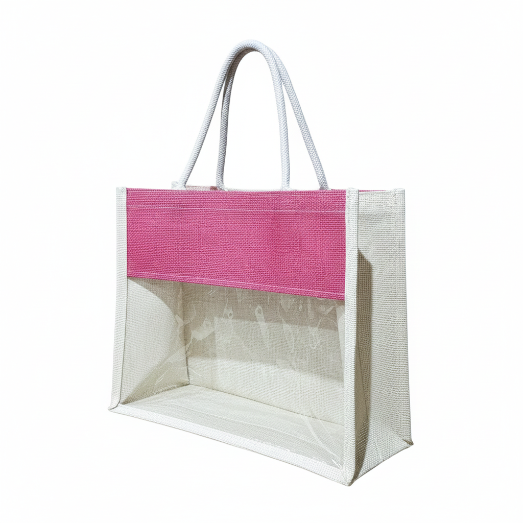 Handmakers Jute Transparent Gift Bag Pink and White, Set of 10, Return Jute Bags 12 * 10 * 5 inch