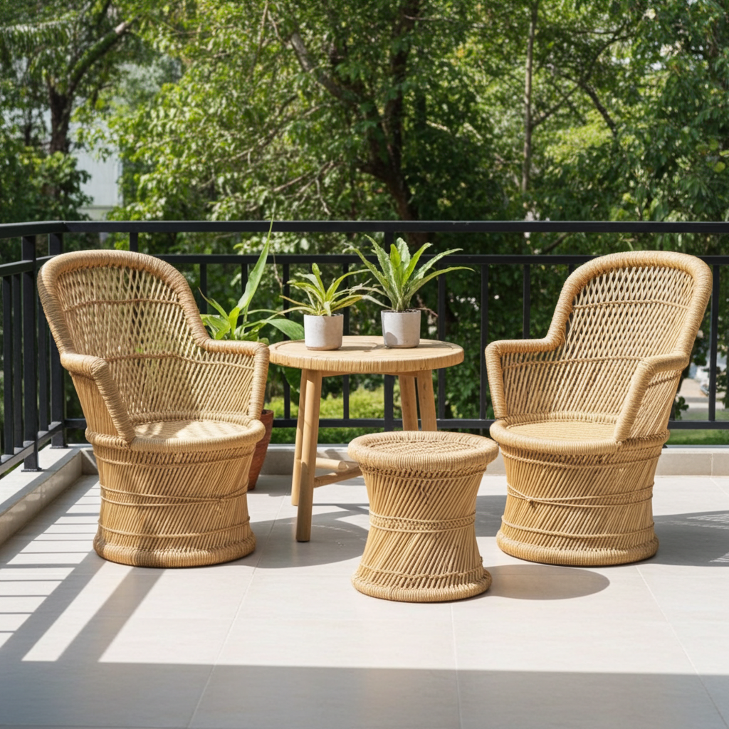Handmakers ! Bamboo Weaving Mudda Chair Set with 2 Chair and 1 Stool