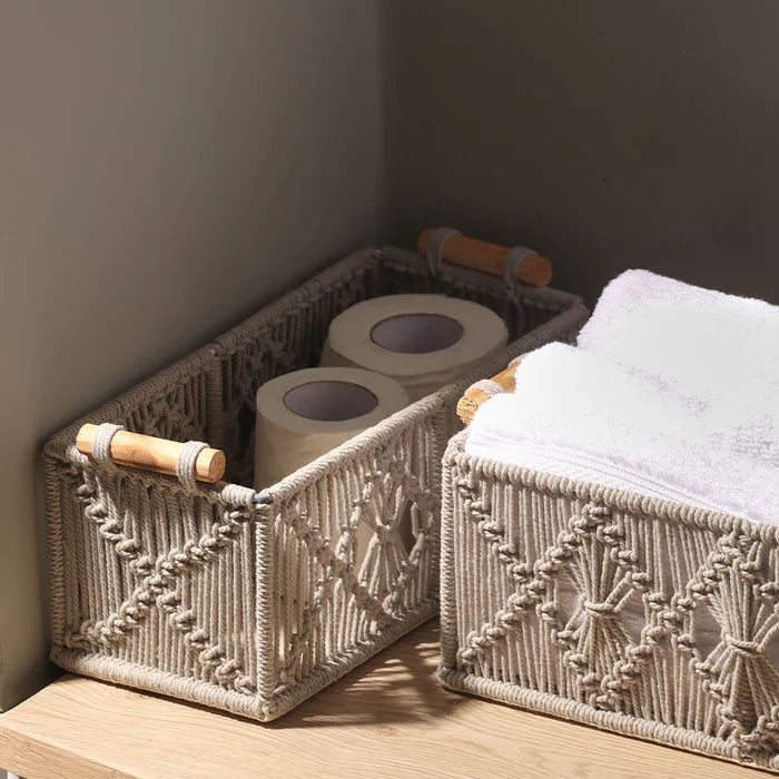 Handmakers Macramé Rectangular Storage Boxes with Handles – Set of 2 Grey | Handmade Cotton Rope Organizer Baskets for Shelves, Bedroom, Living Room, Nursery & Home Décor