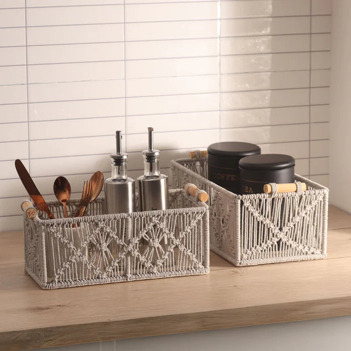 Handmakers Macramé Rectangular Storage Boxes with Handles – Set of 2 Grey | Handmade Cotton Rope Organizer Baskets for Shelves, Bedroom, Living Room, Nursery & Home Décor
