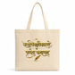 Natural canvas tote bag featuring elegant gold Sanskrit calligraphy of Bhagavad Gita quote "कर्मण्येवाधिकारस्ते मा फलेषु कदाचन" on a minimalist background. 