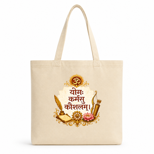 Natural canvas tote bag featuring the Sanskrit quote "योगः कर्मसु कौशलम्" with Om symbol, lotus flower, Dharma wheel, and traditional Indian spiritual artwork. 