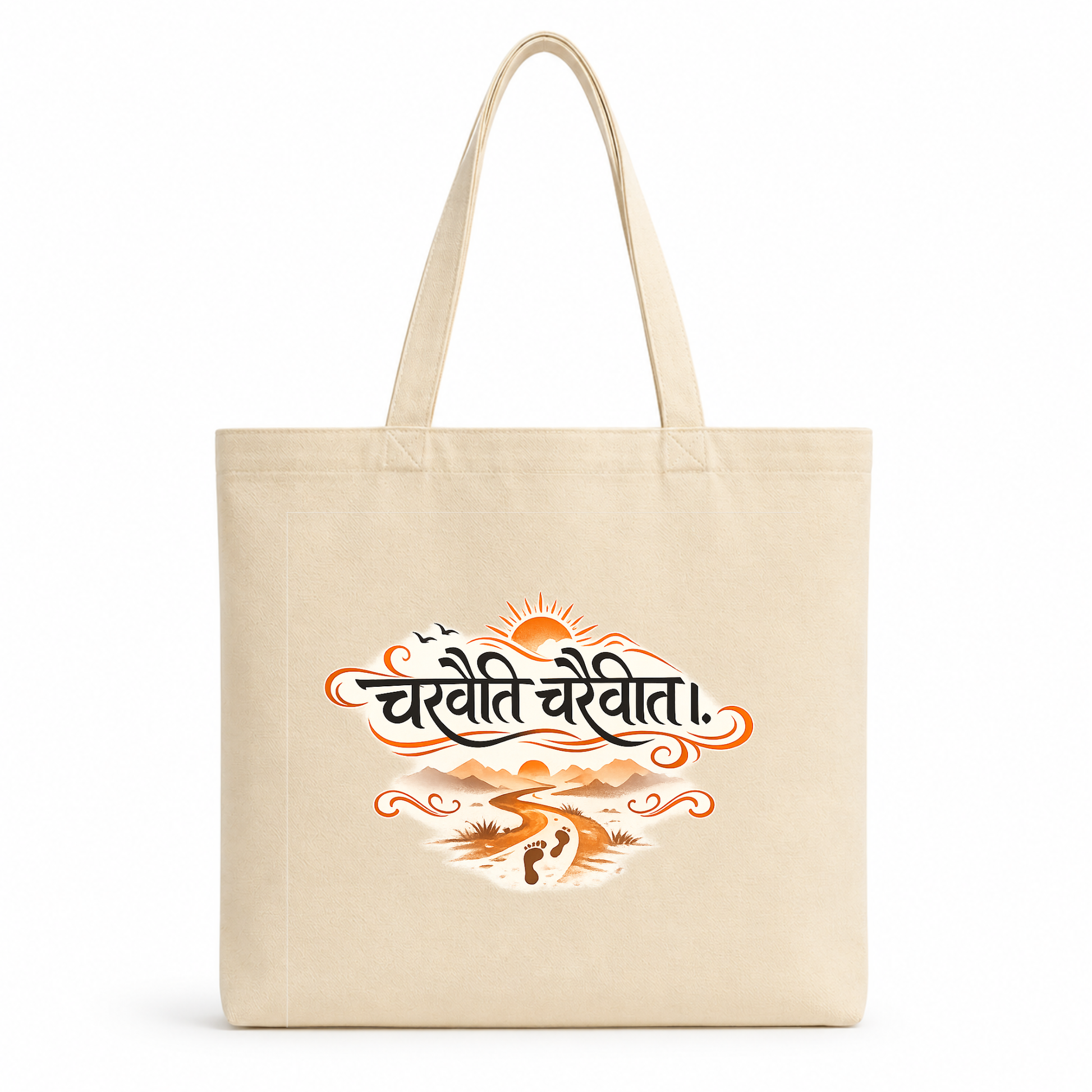 Natural cotton tote bag featuring the Sanskrit quote "चरैवेति चरैवेति" with artistic sunrise, mountain landscape, pathway, and footprints symbolizing progress, growth, and life's journey.